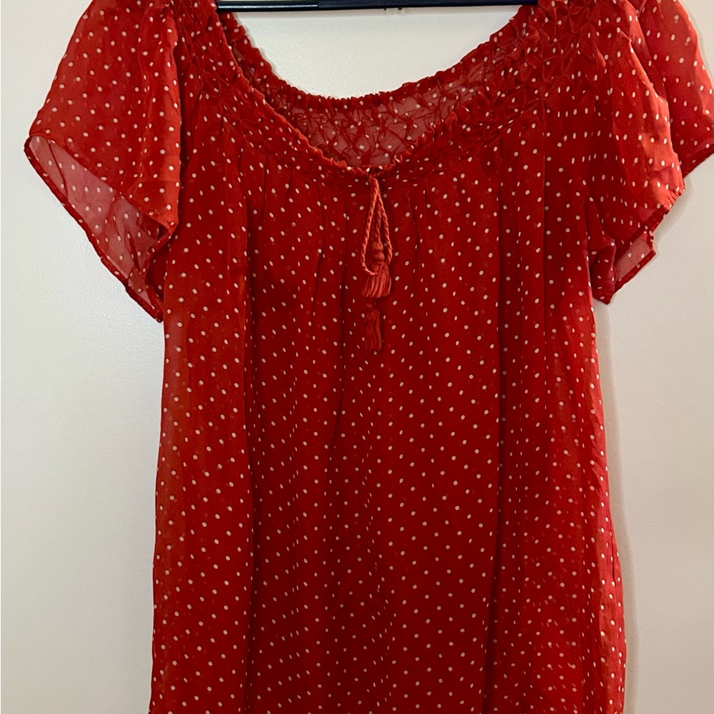 Vintage Cherry Red & White Polka Dot Blouse Shirred Scoop Neck Top Tassel Ties M - Picture 5 of 9